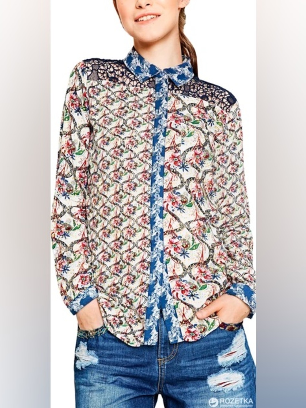 Desigual Lace Shoulders and Floral Print Button-Up Blouse
